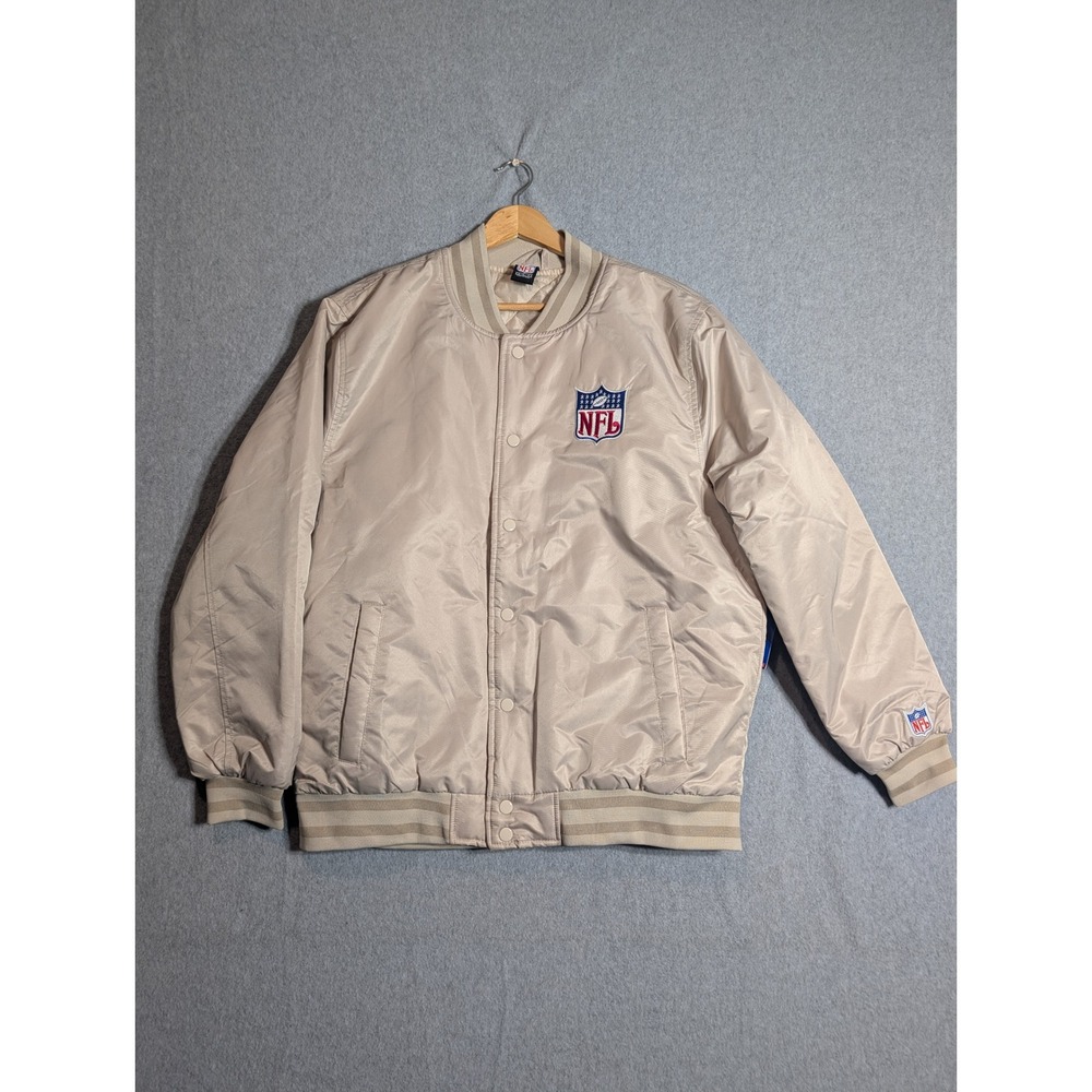 NFL Ultra Game Mens Varsity Bomber Jacket Tan Beige Embroidered Shield NWT XL